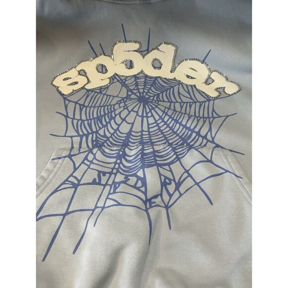 Rhinestone Sp5der Men's Pullover Hoodie Size Small Baby Blue Front Pouch - Picture 9 of 16